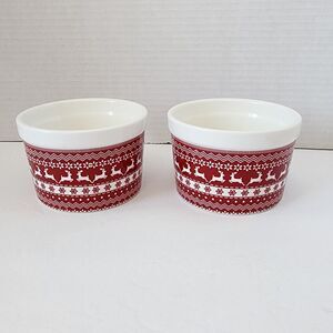 Ciroa Celebrate 2 Porcelain Christmas Ramekins Bowls Red Reindeer Snowflake